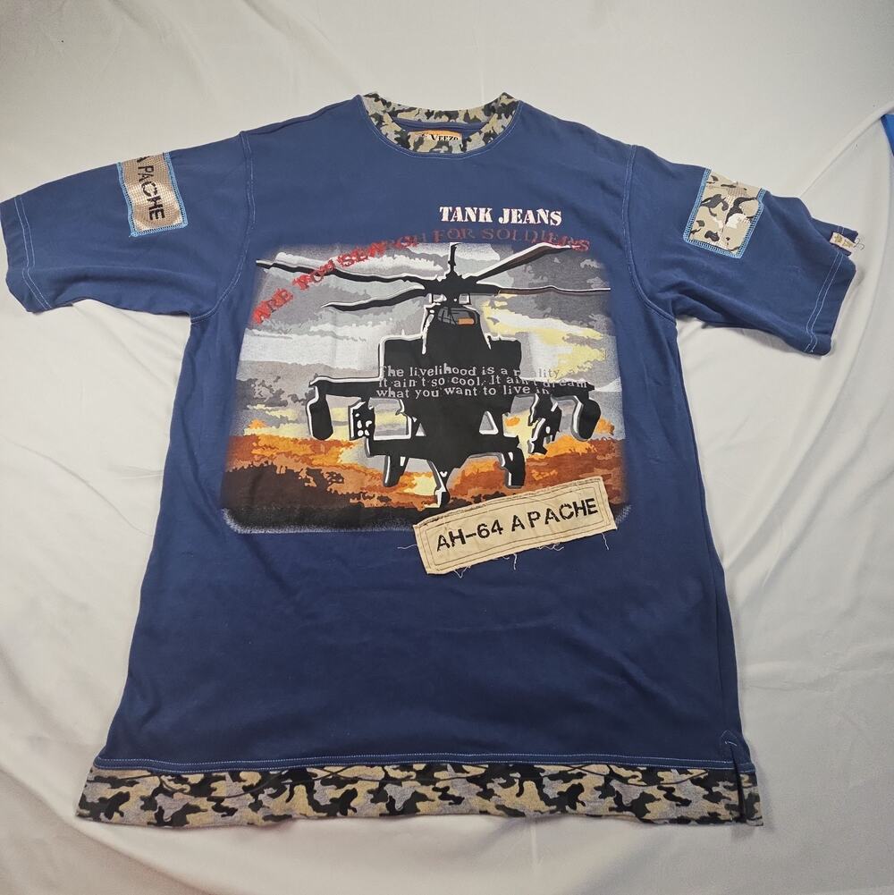 Men's Veezo Tank Jeans AH-64 Apache Graphic T-Shirt Blue Camo Trim XL Korea